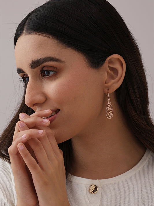 Rose-Gold Plated Whirl Filigree Teardrop Dangle Earrings