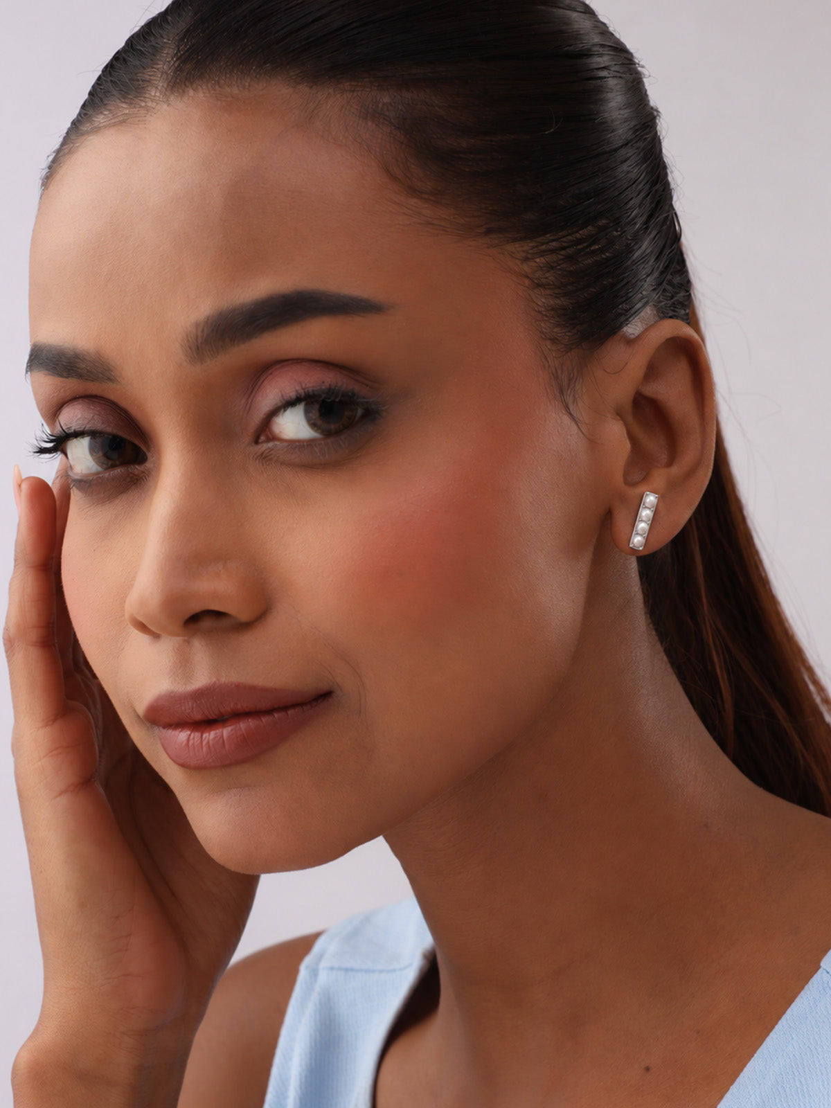 Silver Pearl Bar Stud Earrings