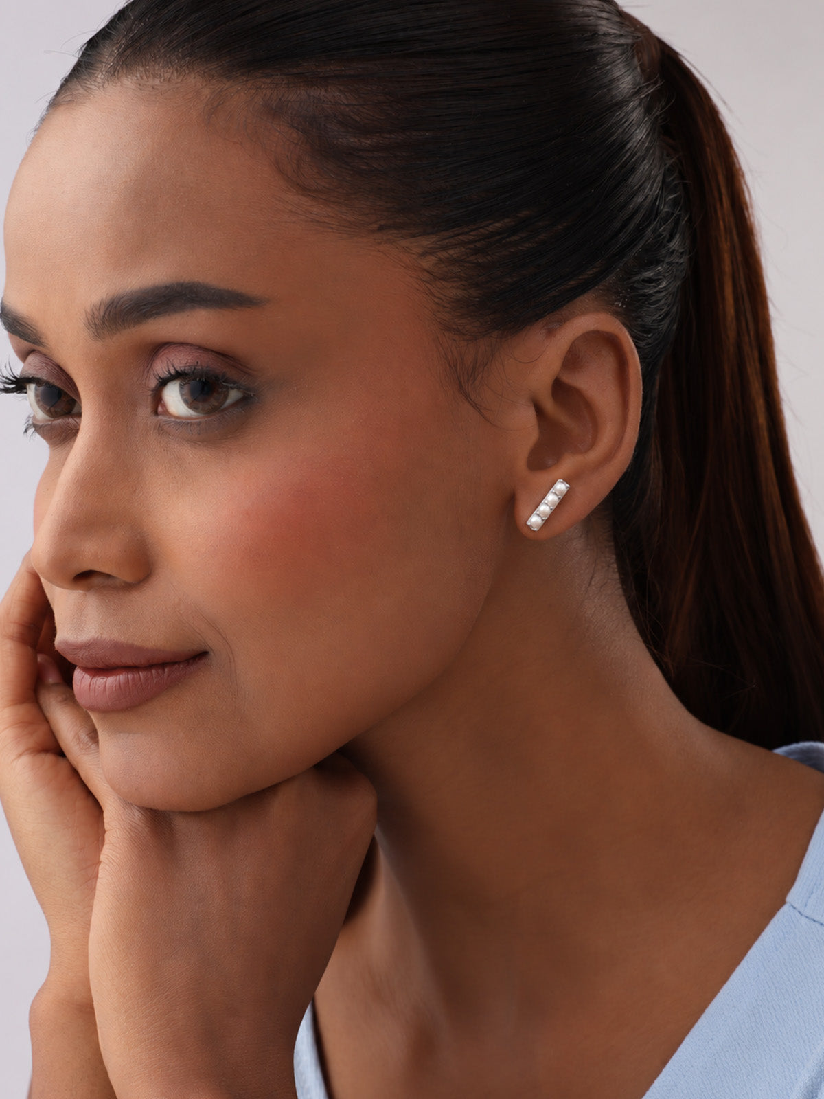 Silver Pearl Bar Stud Earrings