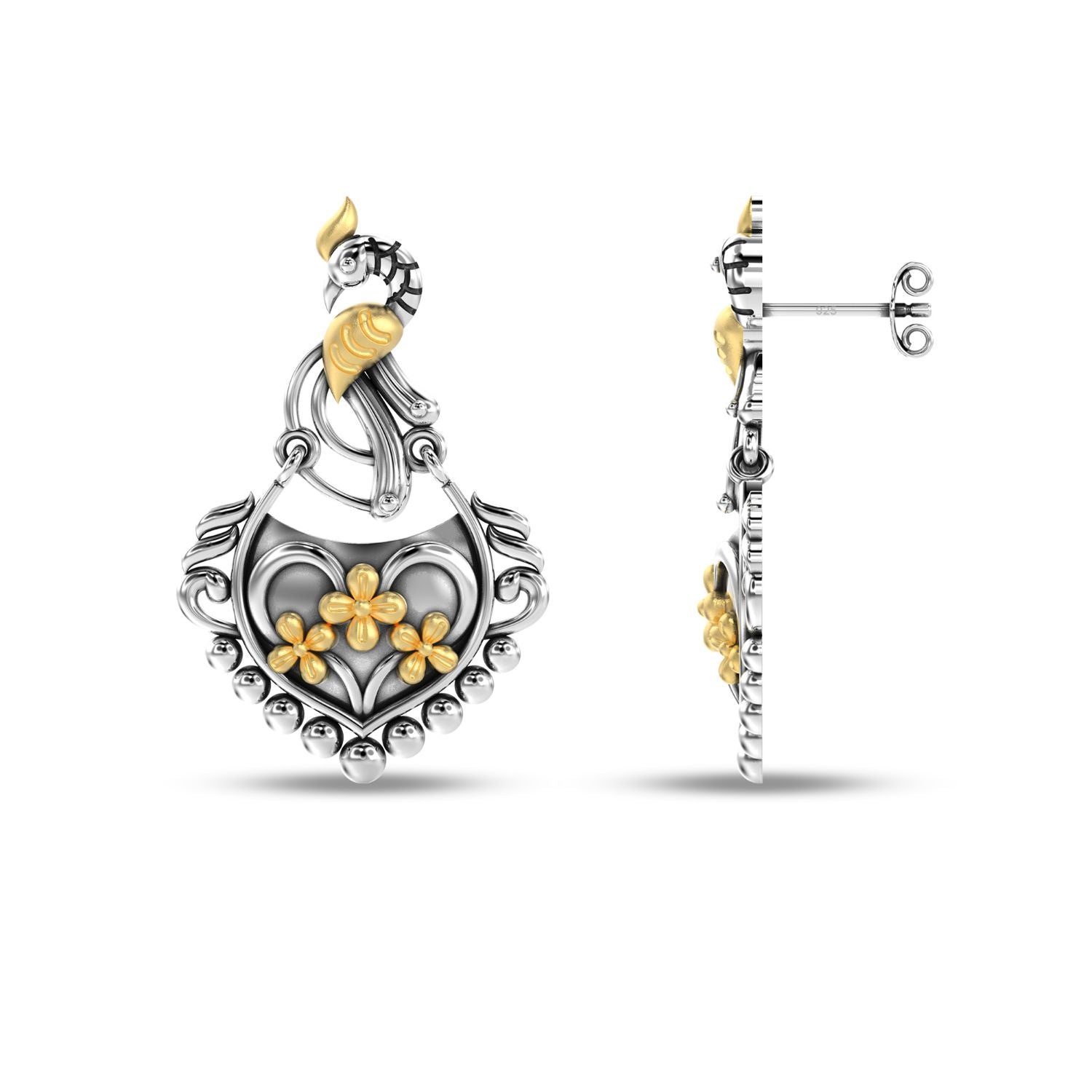 925 Sterling Silver Oxidized Gold Plated Peacock Chandbali Jaipur Style Dangler Earrings for Women and Girls