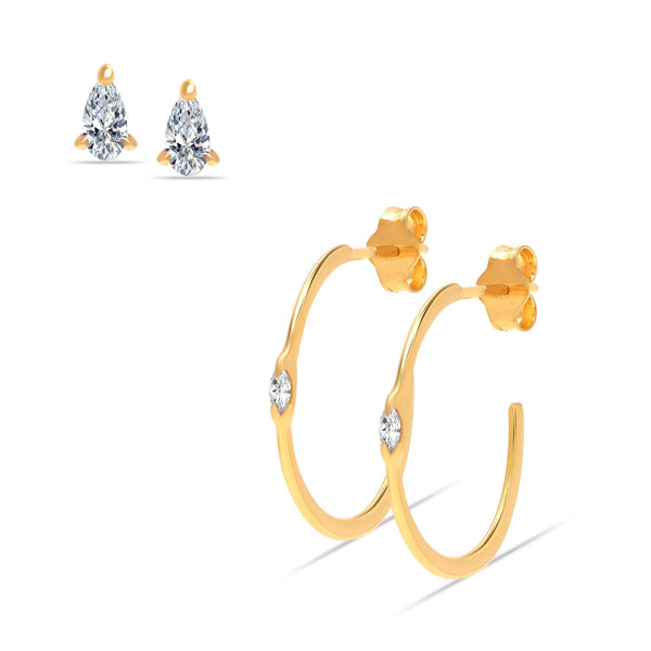 925 Sterling Silver 14K Gold Plated CZ Stud and Hoop Earrings for Women Set of 2 Pairs