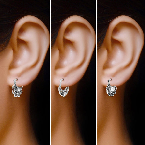 925 Sterling Silver Small Set of 3 Pair Antique Filigree Hoop Earrings for Women Teen