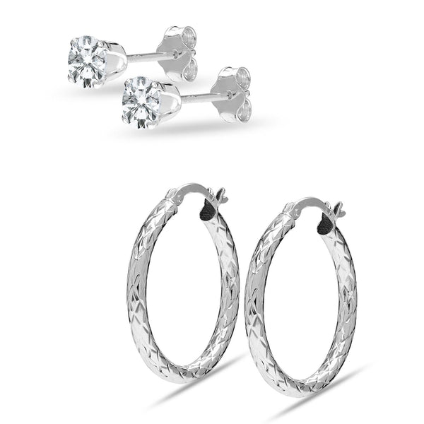 925 Sterling Silver Textured Stud and Hoop Earrings for Women Set of 2 Pairs
