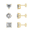 925 Sterling Silver Set of 3 Pair Gold plated Round Square Heart Shape White CZ 4mm Stone Stud Earrings for Girls
