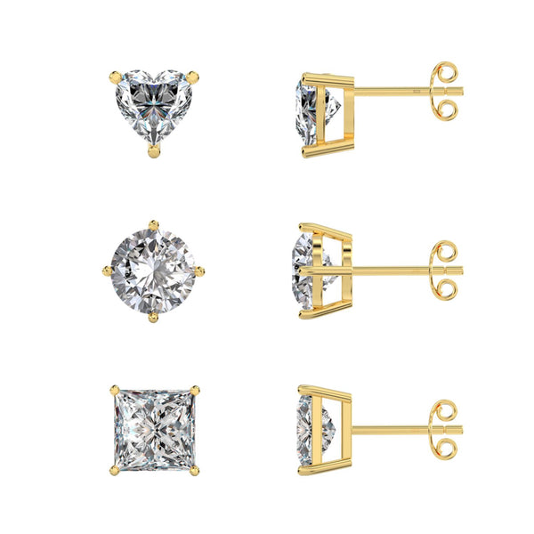 925 Sterling Silver Set of 3 Pair Gold plated Round Square Heart Shape White CZ 4mm Stone Stud Earrings for Girls Women