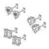 925 Sterling Silver Set of 3 Pair Round Square Heart Shape White CZ 8mm Stone Stud Earrings for Women