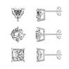 925 Sterling Silver Set of 3 Pair Round Square Heart Shape White CZ 8mm Stone Stud Earrings for Women