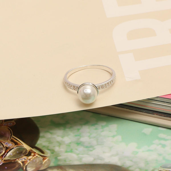 925 Sterling Silver CZ Pearl Finger Ring for Women