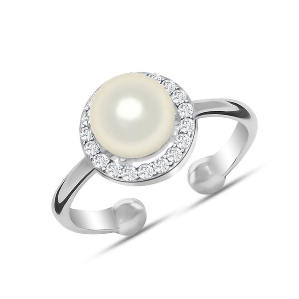 925 Sterling Silver Open Statement Pave CZ Elegant Simulated Pearl Adjustable Ring for Women
