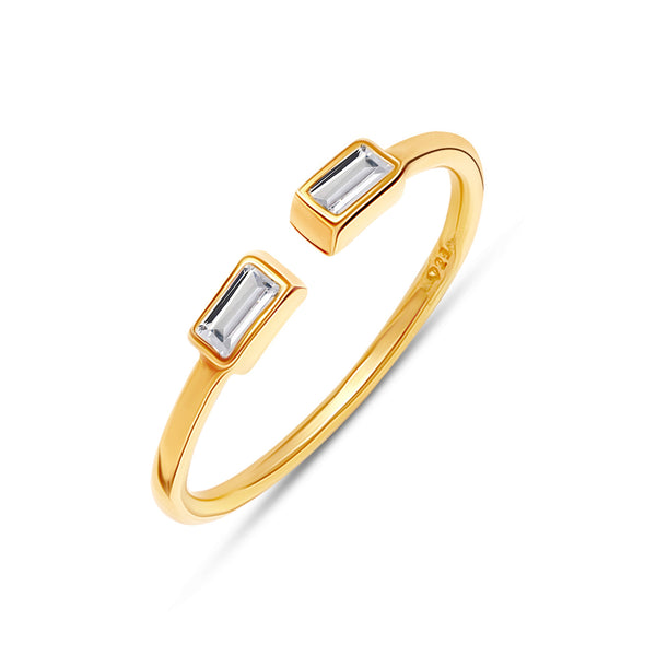925 Sterling Silver 14K Gold Plated Infinite Elements Baguette Open Band Rectangular Zirconia Adjustable Open Ring for Women