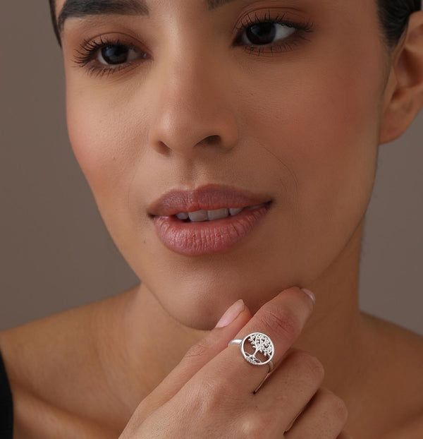 925 Sterling Silver 14K Rose-Gold Plated Tree of Love with CZ Stackable Wedding Rings for Women