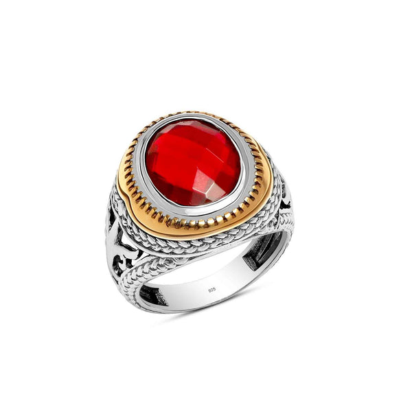925 Sterling Silver Antique Two Tone Garnet Stone Ring for Men and Boys