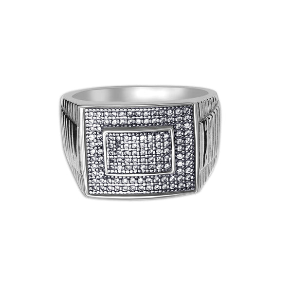 925 Sterling Silver Rhodium Plated Round Pave CZ Square Frame Cluster Wedding Band Ring for Men and Boys