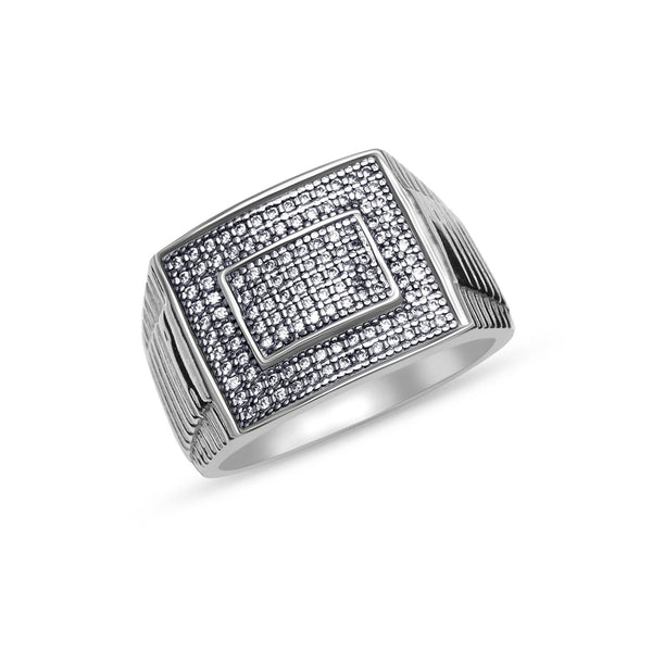 925 Sterling Silver Rhodium Plated Round Pave CZ Square Frame Cluster Wedding Band Ring for Men and Boys
