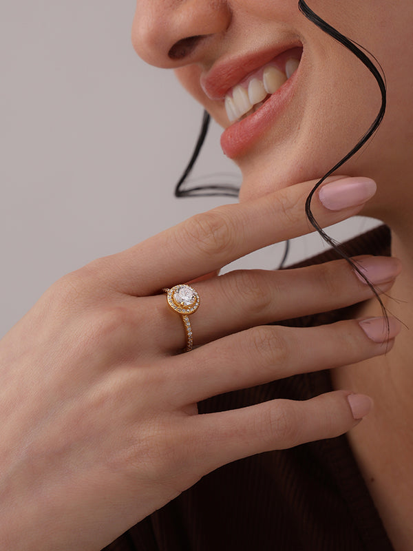Elegant halo silver engagement ring side view