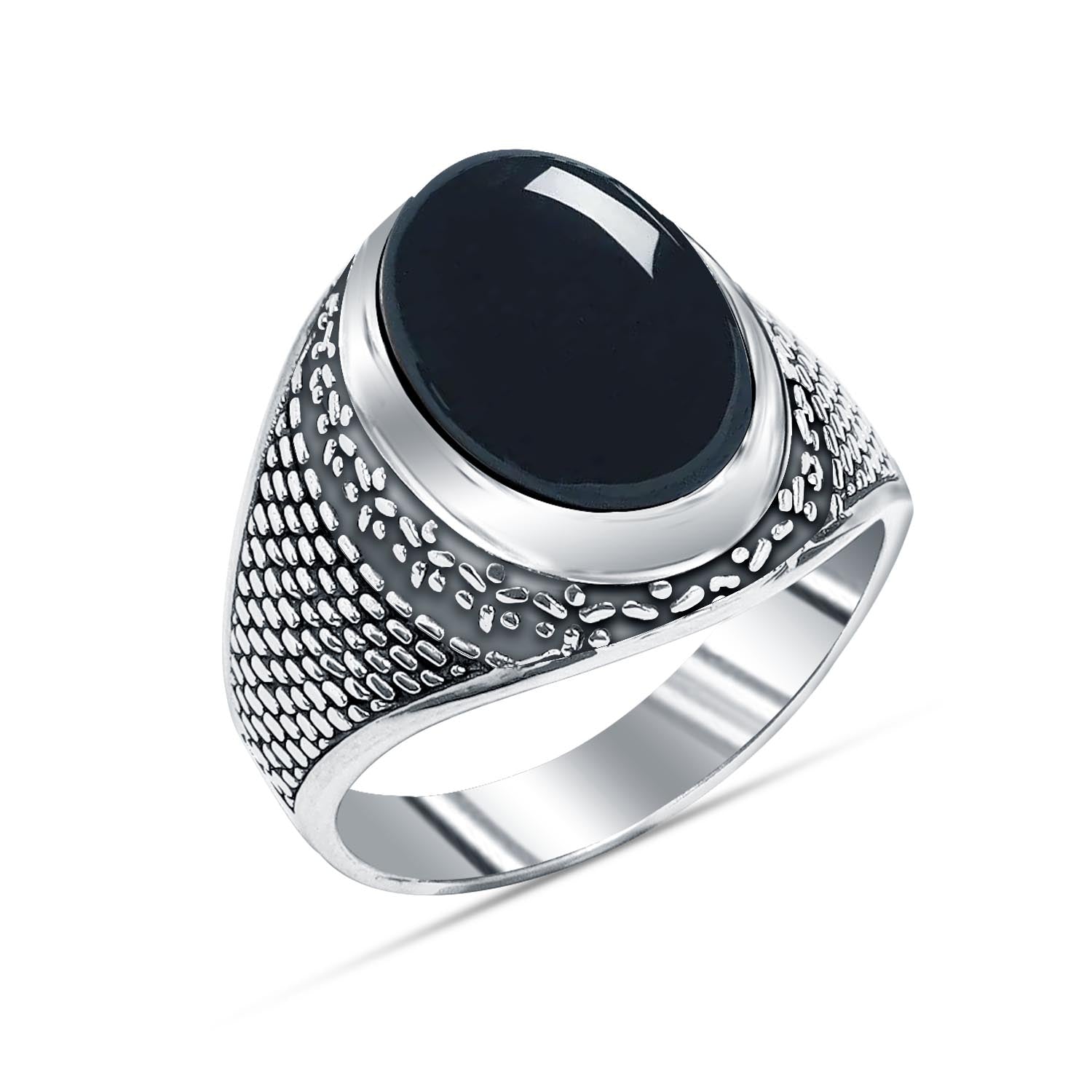 925 Sterling Silver Antique Textured Oval Shaped Black Onyx Stone Signet Ring for Men