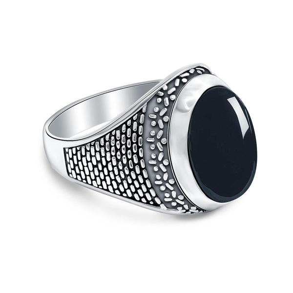 925 Sterling Silver Antique Textured Oval Shaped Black Onyx Stone Signet Ring for Men