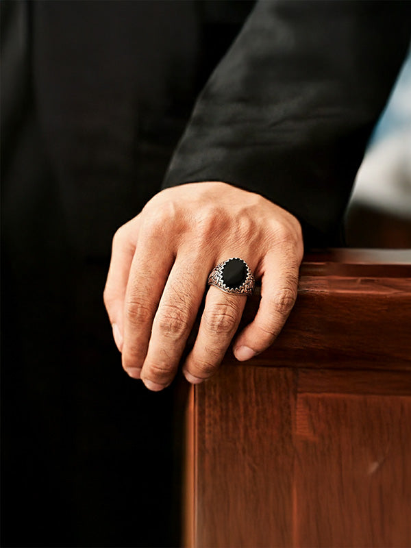 925 Sterling Silver Handmade Antique Black Onyx Stone Ring for Men