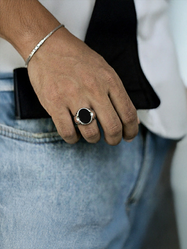 925 Sterling Silver Handmade Vintage Round Shape Black Onyx Signet Ring For Men