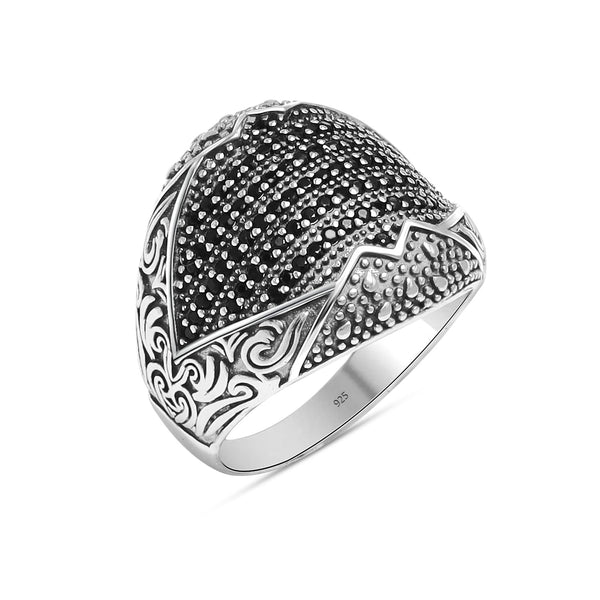 925 Sterling Silver Handmade Vintage Black Cubic Zirconia Stone-Studded Ring for Men