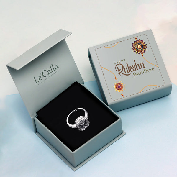 925 Sterling Silver Solitaire Adjustable Rings With Raksha Bandhan Gift Box For Sister