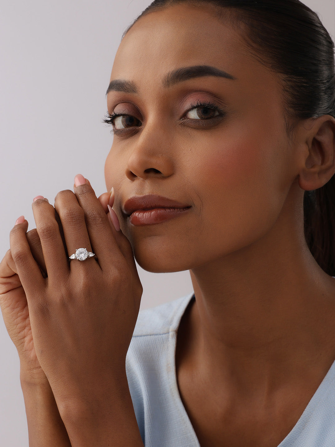 Three Stone Ring in Rhodium