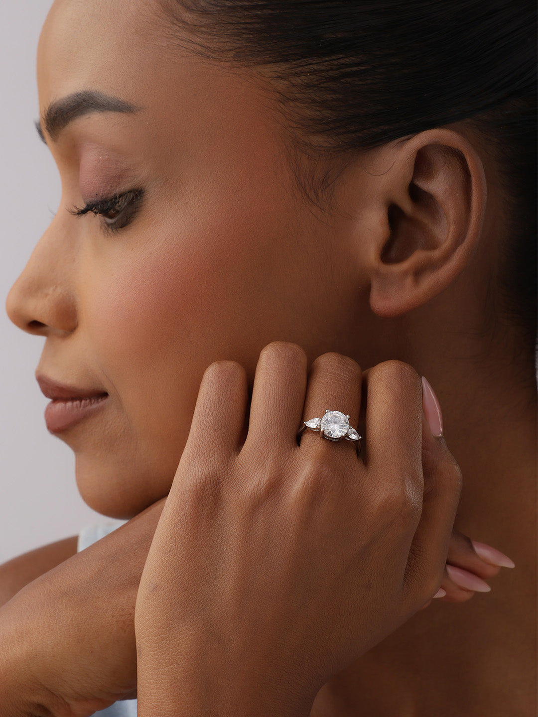 Three Stone Ring in Rhodium