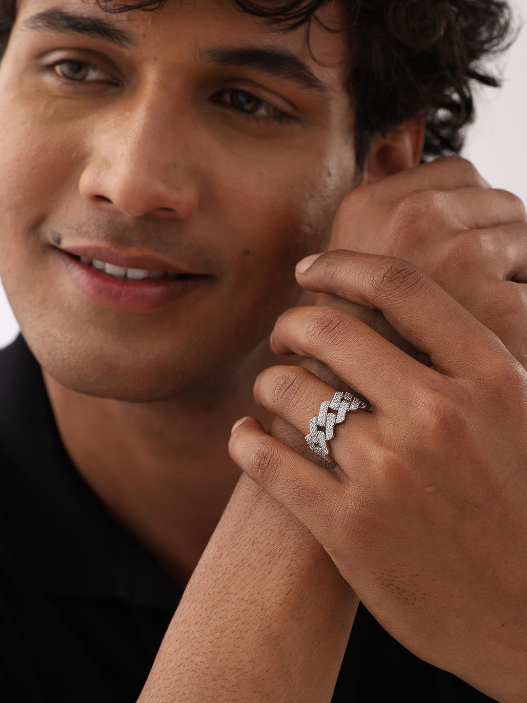 Iced Link Rhodium Ring For Men