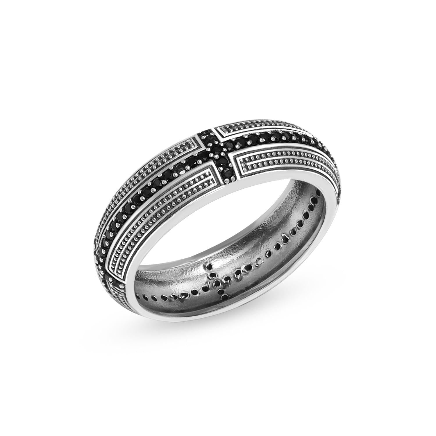 925 Sterling Silver Antique Pave Black Zirconia Sideways Band Cross Ring for Men and Boys