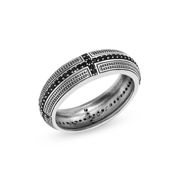 925 Sterling Silver Antique Pave Black Zirconia Sideways Band Cross Ring for Men and Boys