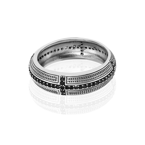 925 Sterling Silver Antique Pave Black Zirconia Sideways Band Cross Ring for Men and Boys