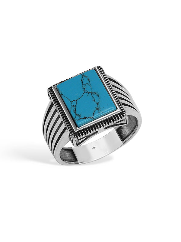 925 Sterling Silver Handmade Square Turquoise Stone Finger Rings for Men