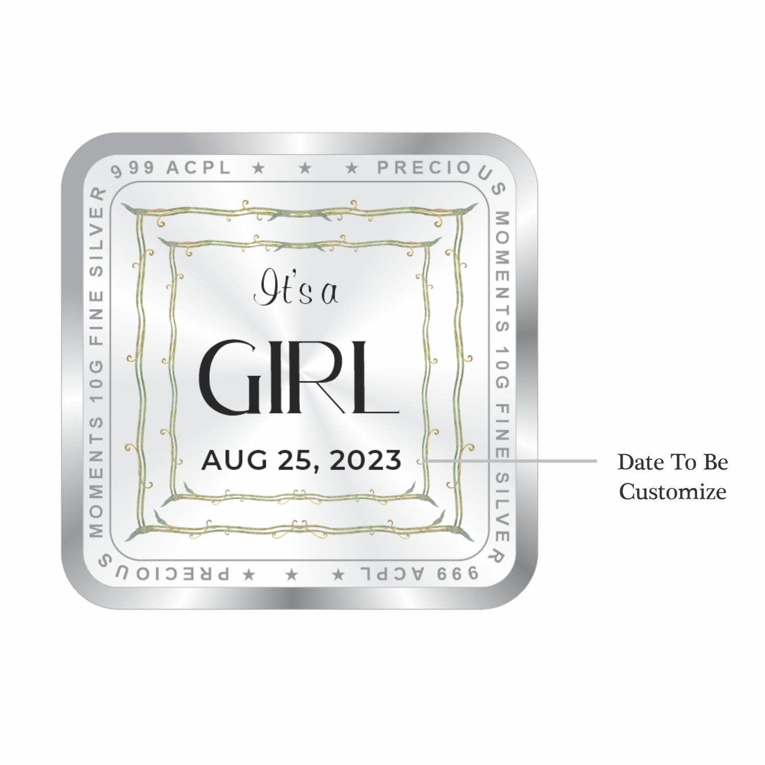 BIS Hallmarked Personalised New Born Baby Girl Silver Square Coin 999 Purity