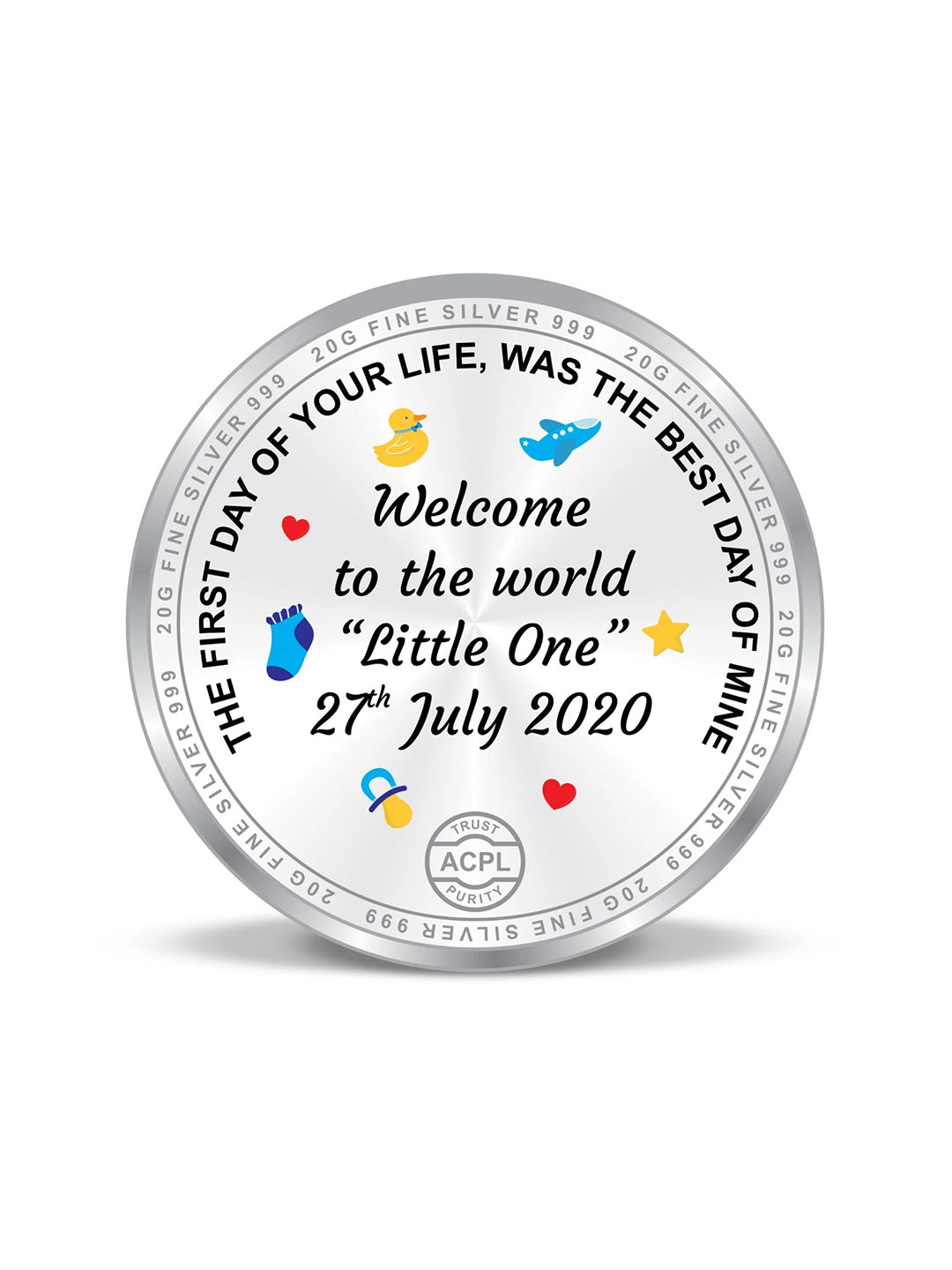 BIS Hallmarked Personalised New Born Baby 999 Pure Silver Coin