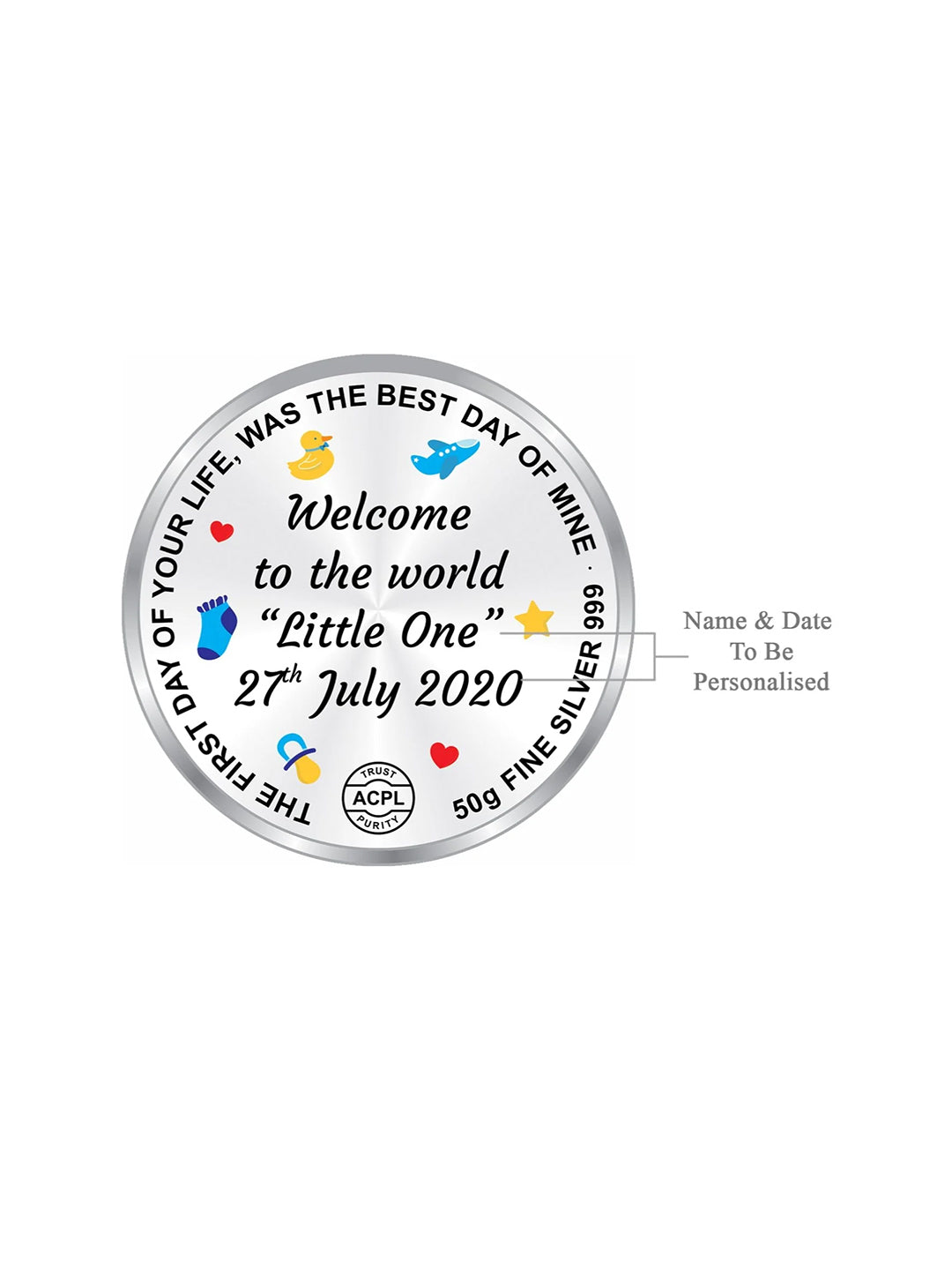 BIS Hallmarked Personalised New Born Baby 999 Pure Silver Coin
