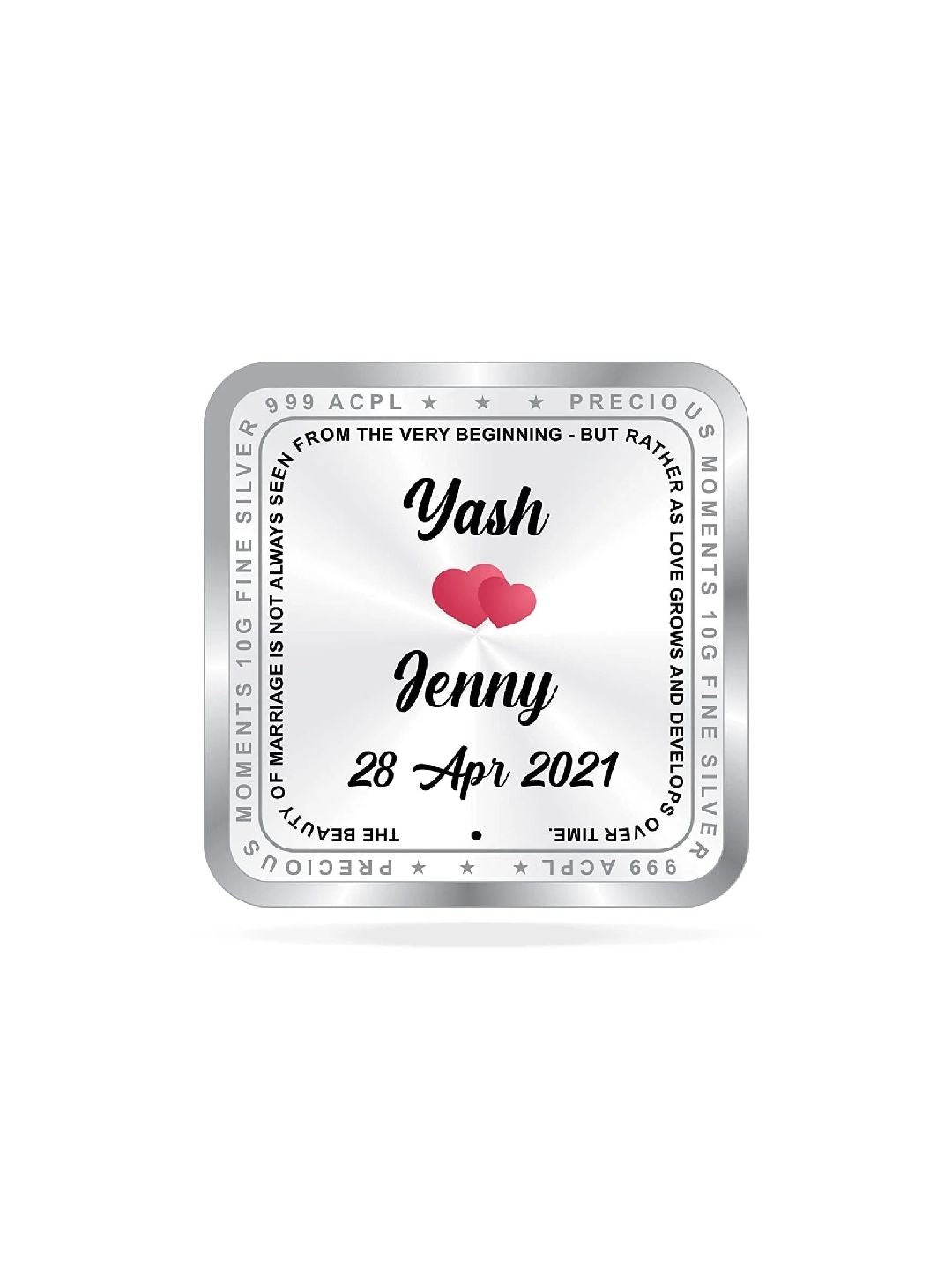 BIS Hallmarked Personalised Newly Married Silver Square Coin 999 Pure