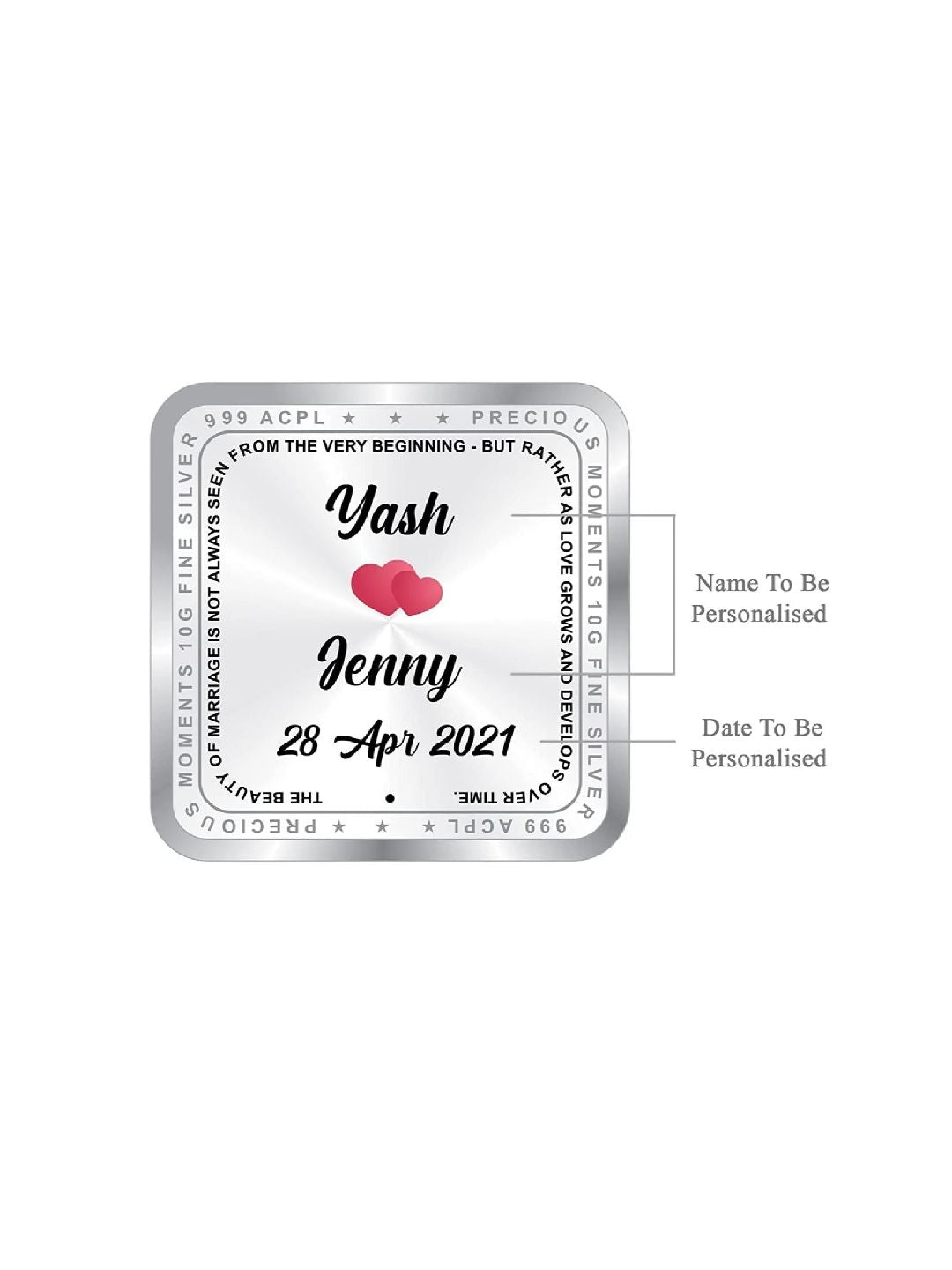 BIS Hallmarked Personalised Newly Married Silver Square Coin 999 Pure