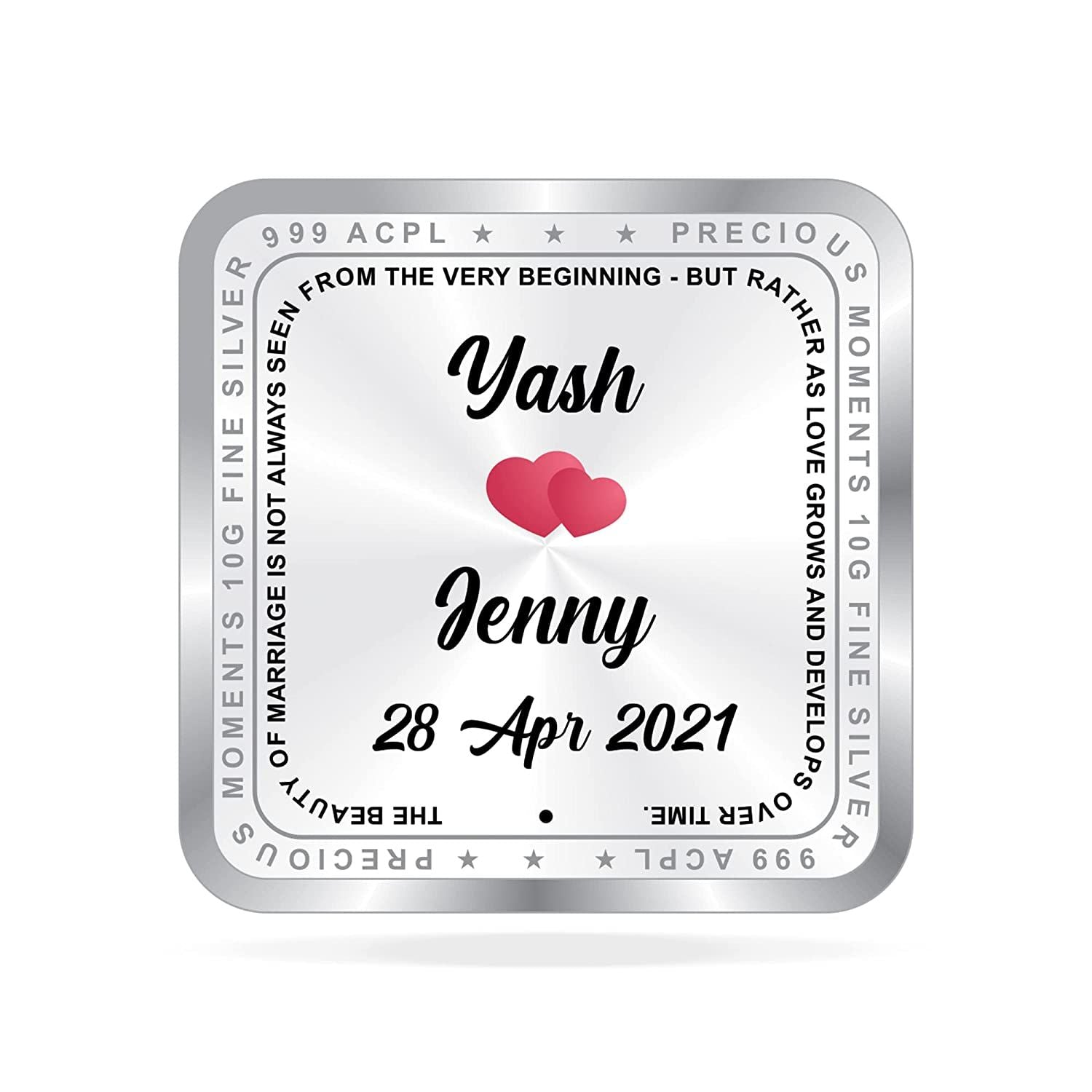 BIS Hallmarked Personalised Newly Married Silver Square Coin 999 Pure