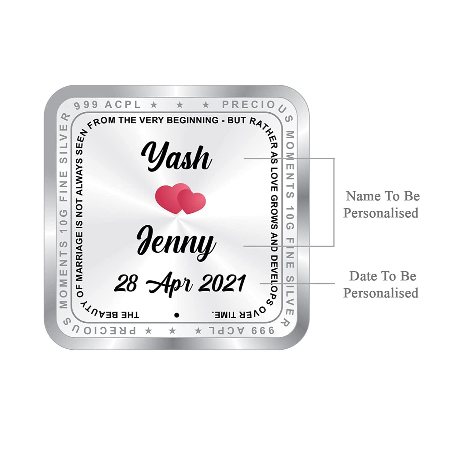 BIS Hallmarked Personalised Newly Married Silver Square Coin 999 Pure