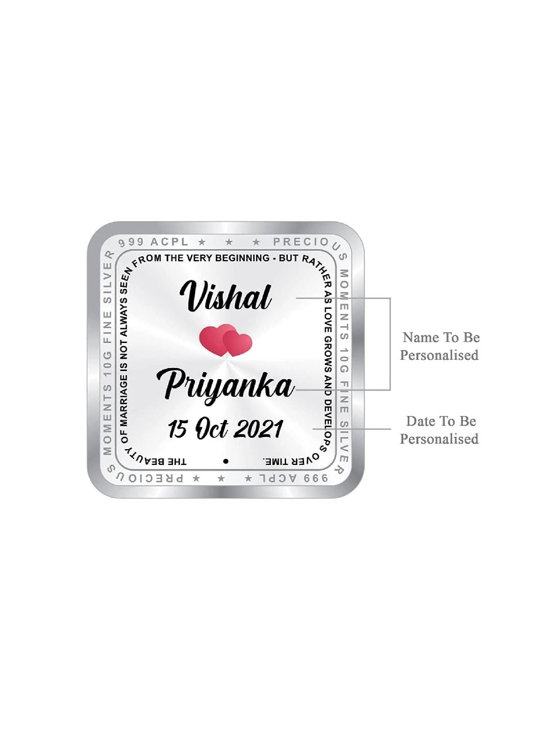 BIS Hallmarked Personalised Silver Square Coin for Newly Married Couple (999 Purity)