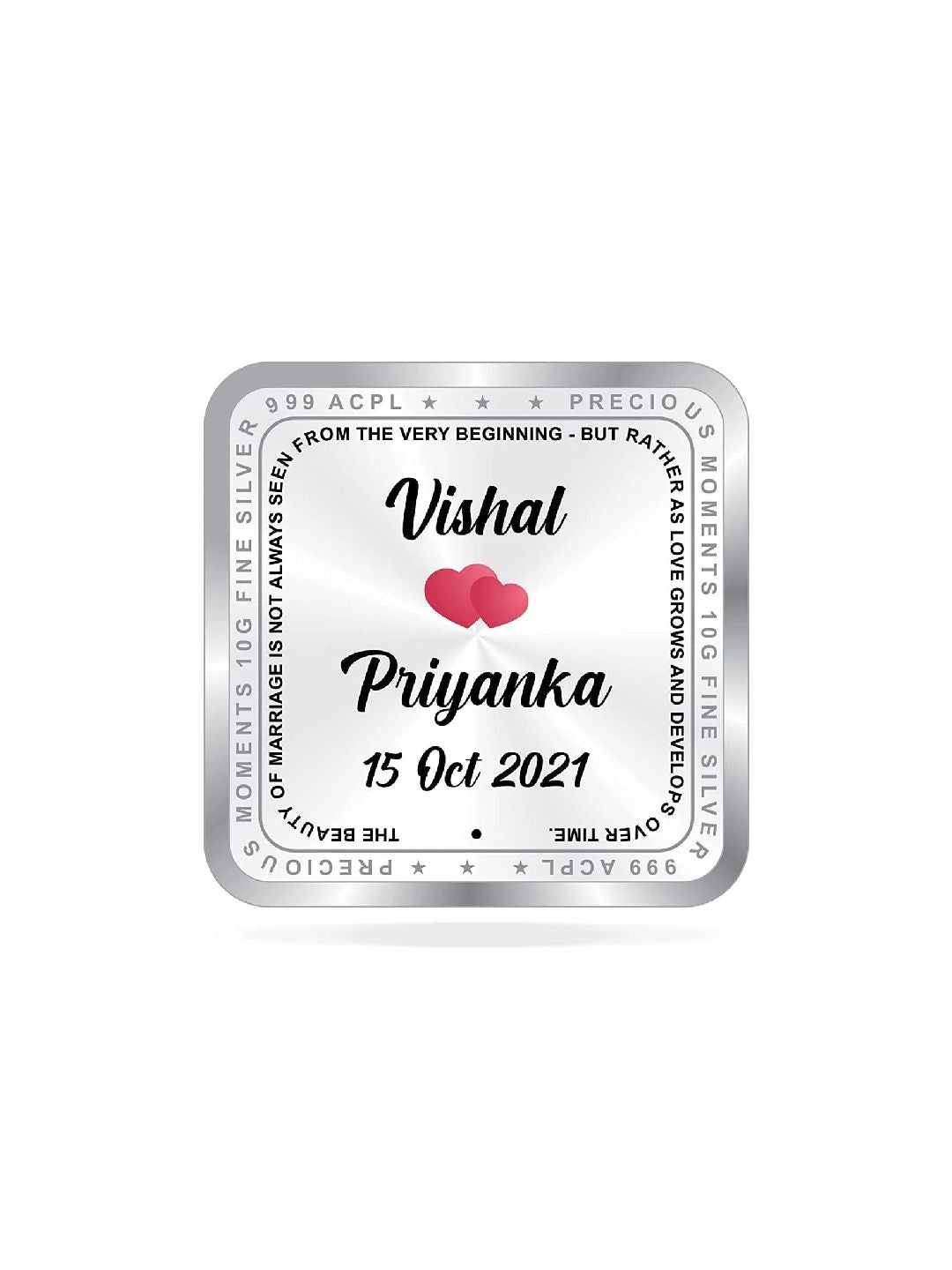 BIS Hallmarked Personalised Silver Square Coin for Newly Married Couple (999 Purity)