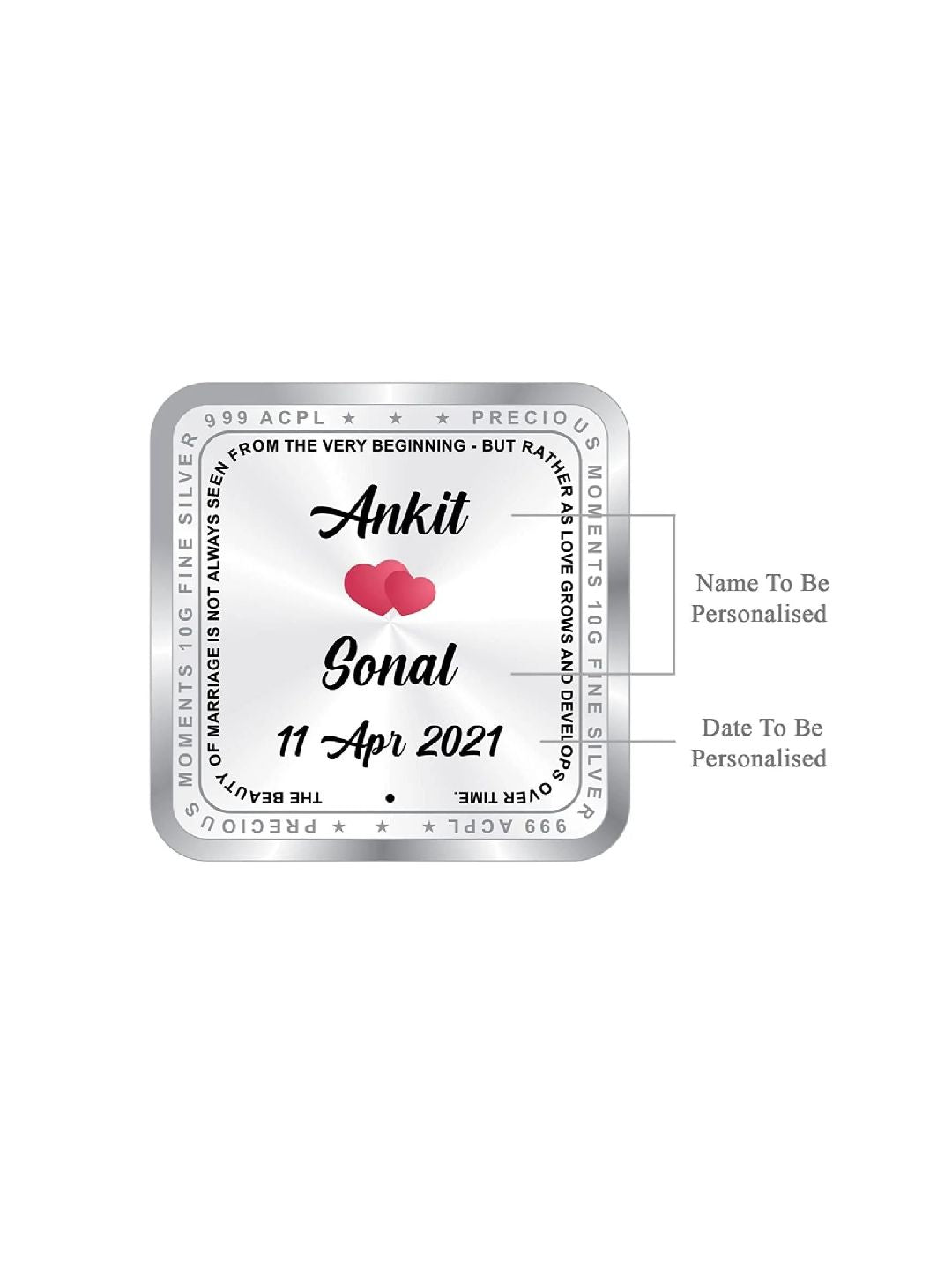 BIS Hallmarked Personalised Silver Square Coin Newly Married 999 Pure