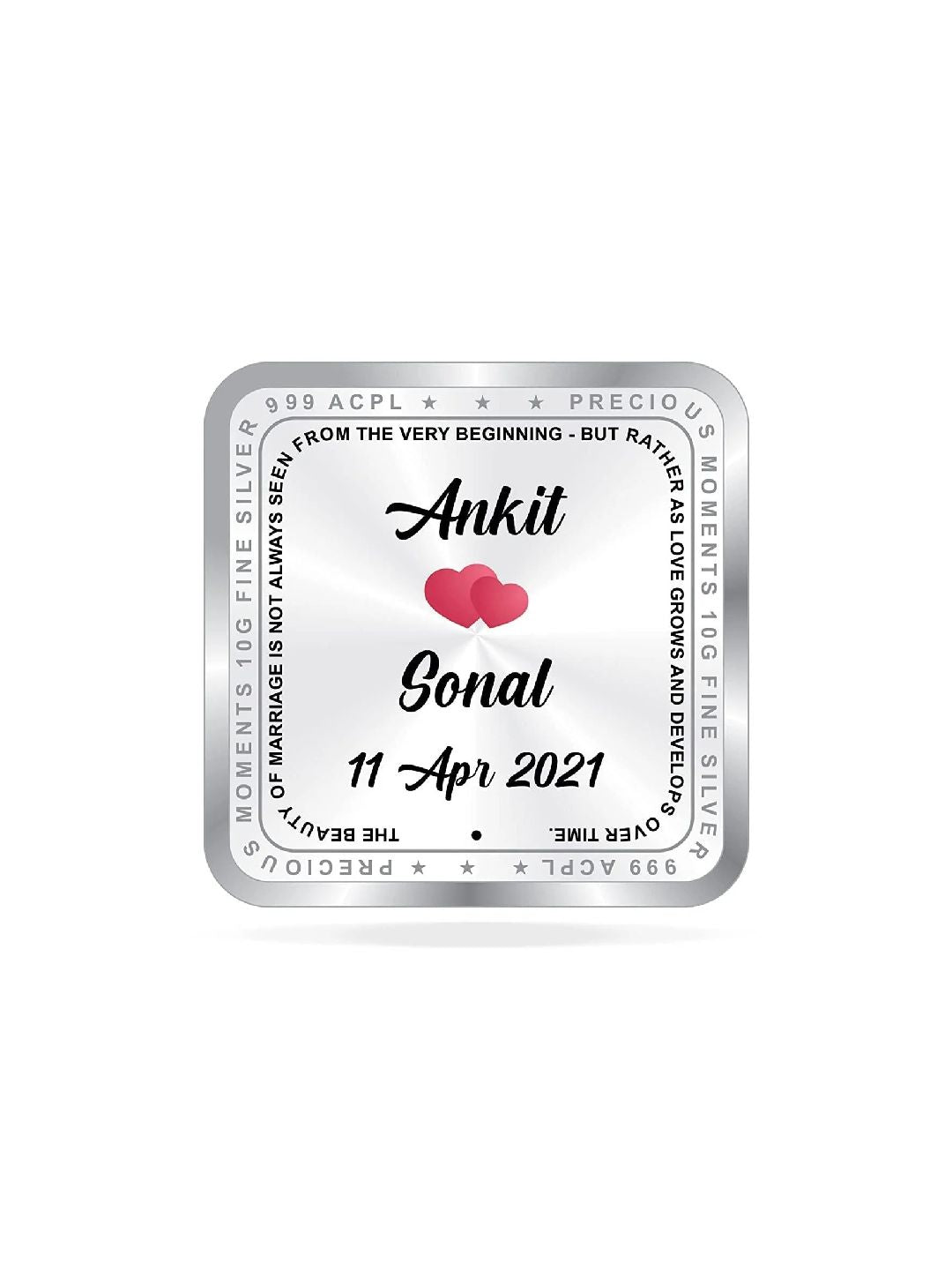 BIS Hallmarked Personalised Silver Square Coin Newly Married 999 Pure