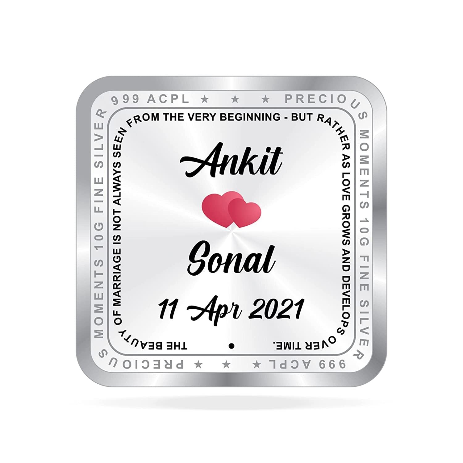 BIS Hallmarked Personalised Silver Square Coin Newly Married 999 Pure