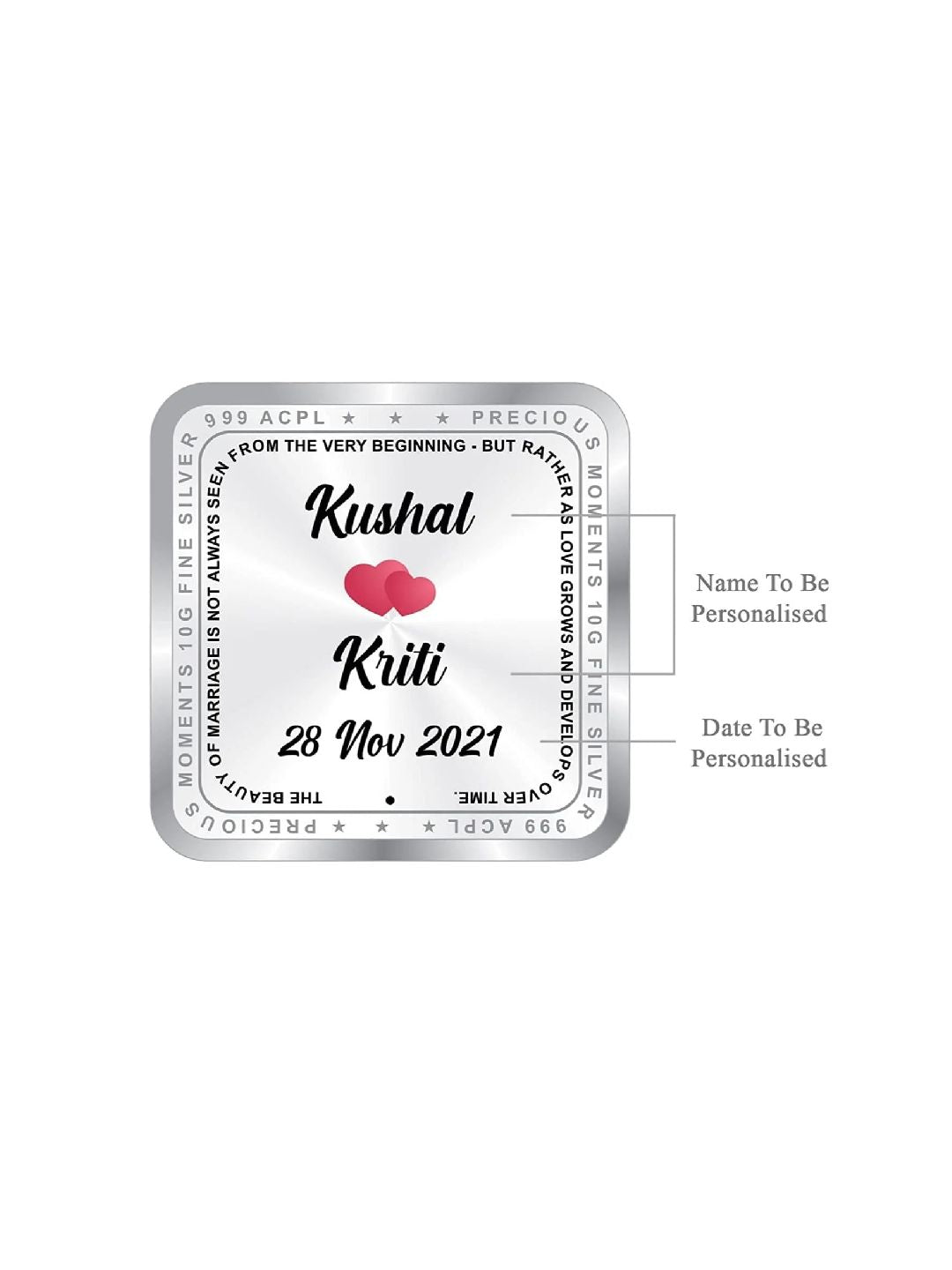 BIS Hallmarked Personalised Silver Square Coin Newly Married 999 Pure