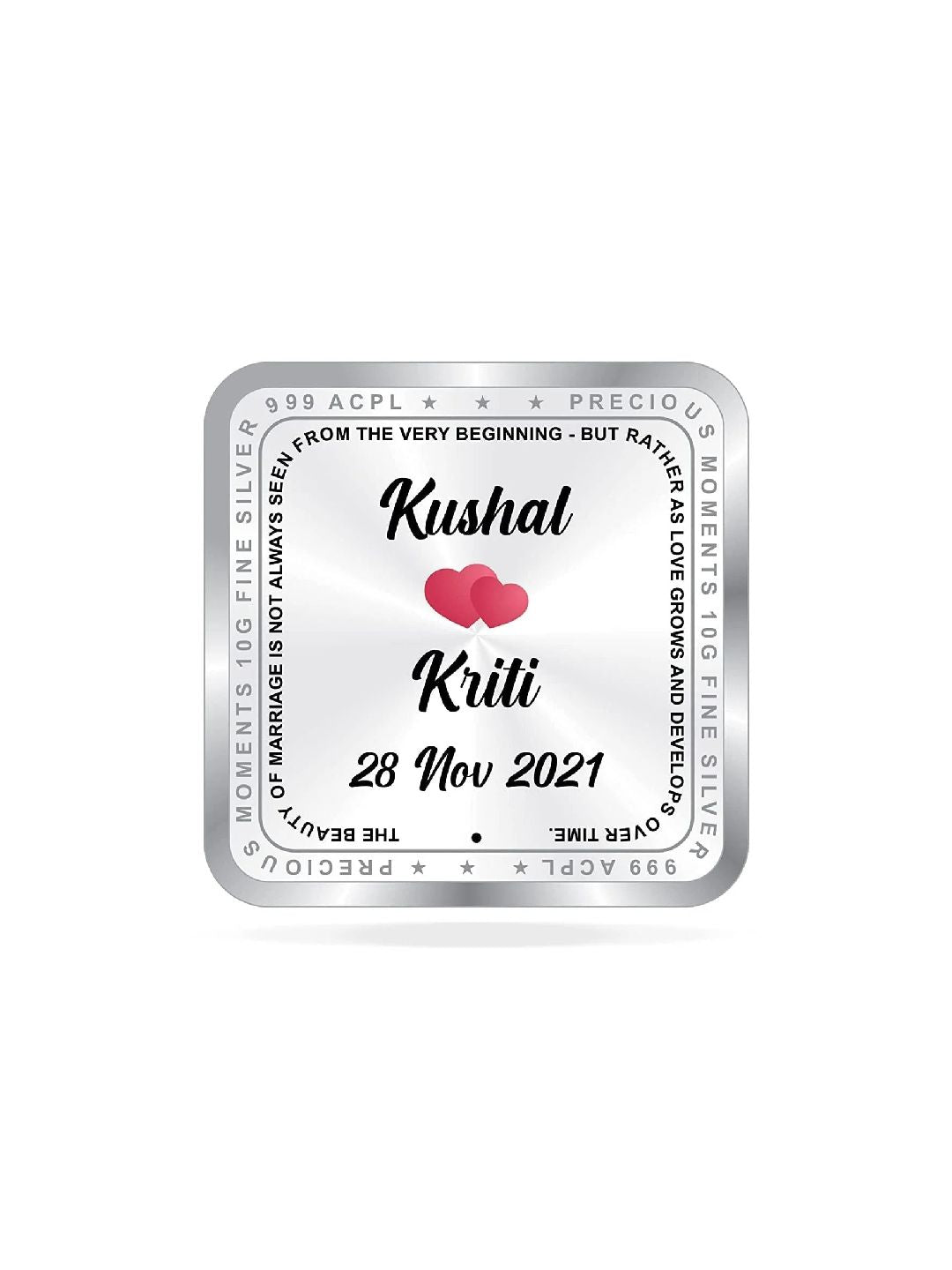 BIS Hallmarked Personalised Silver Square Coin Newly Married 999 Pure