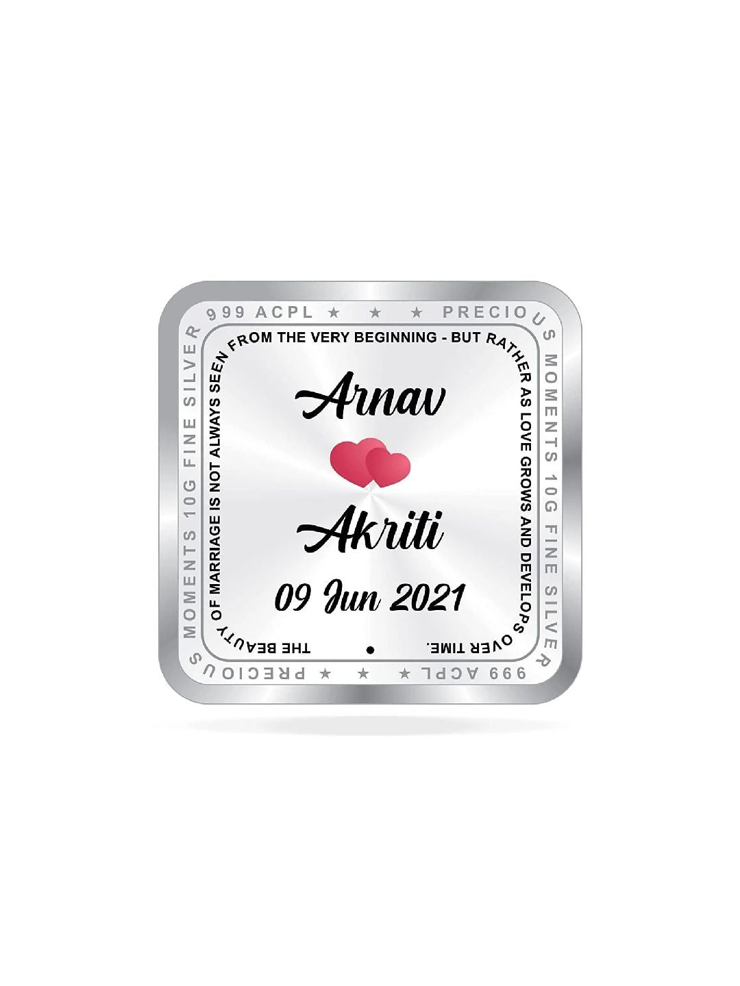 BIS Hallmarked Newly Married Personalised Silver Square Coin (999 Purity)