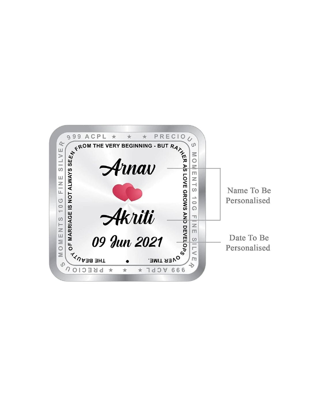 BIS Hallmarked Newly Married Personalised Silver Square Coin (999 Purity)