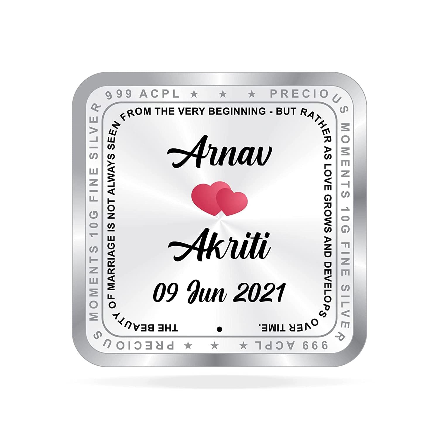 BIS Hallmarked Newly Married Personalised Silver Square Coin (999 Purity)