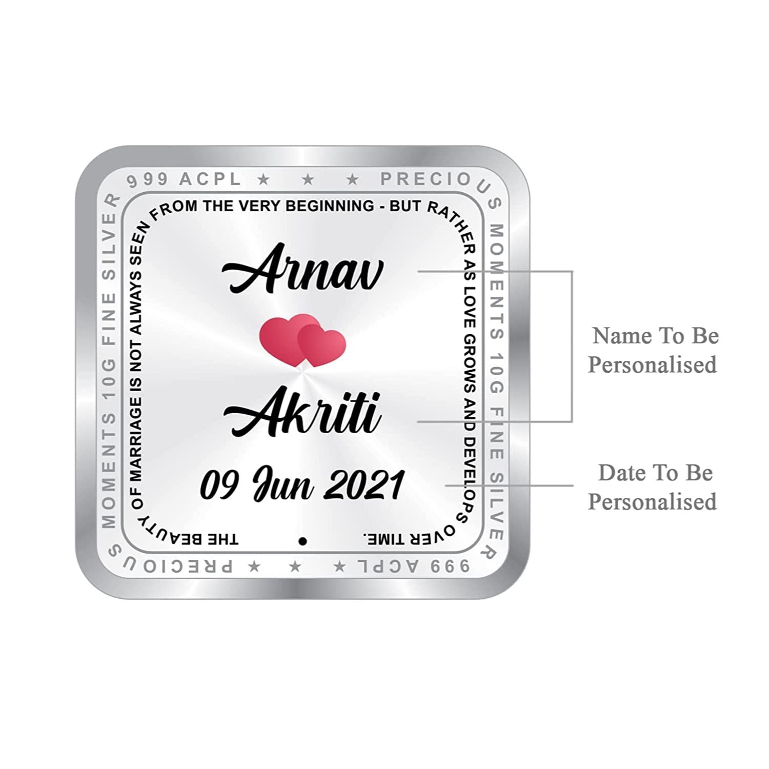 BIS Hallmarked Newly Married Personalised Silver Square Coin (999 Purity)